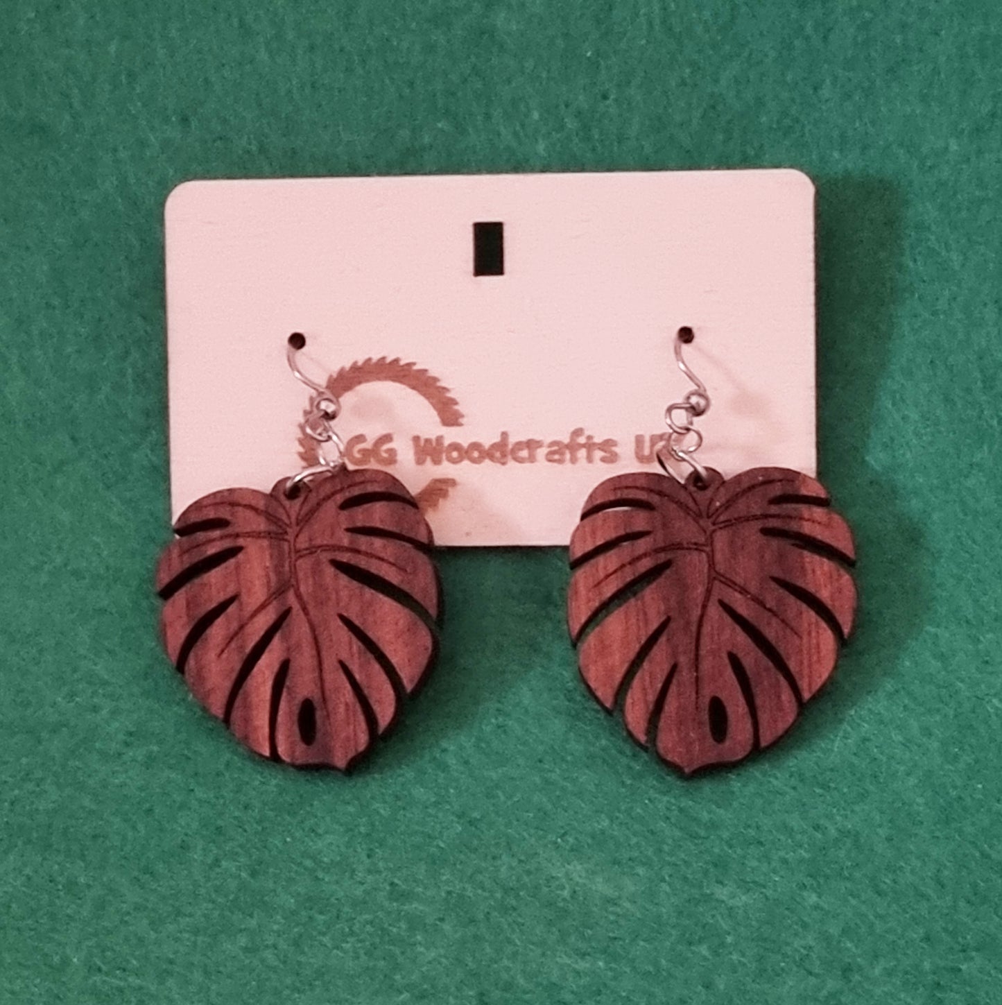 Walnut Wooden Earrings, Swiss Cheese Plant Design