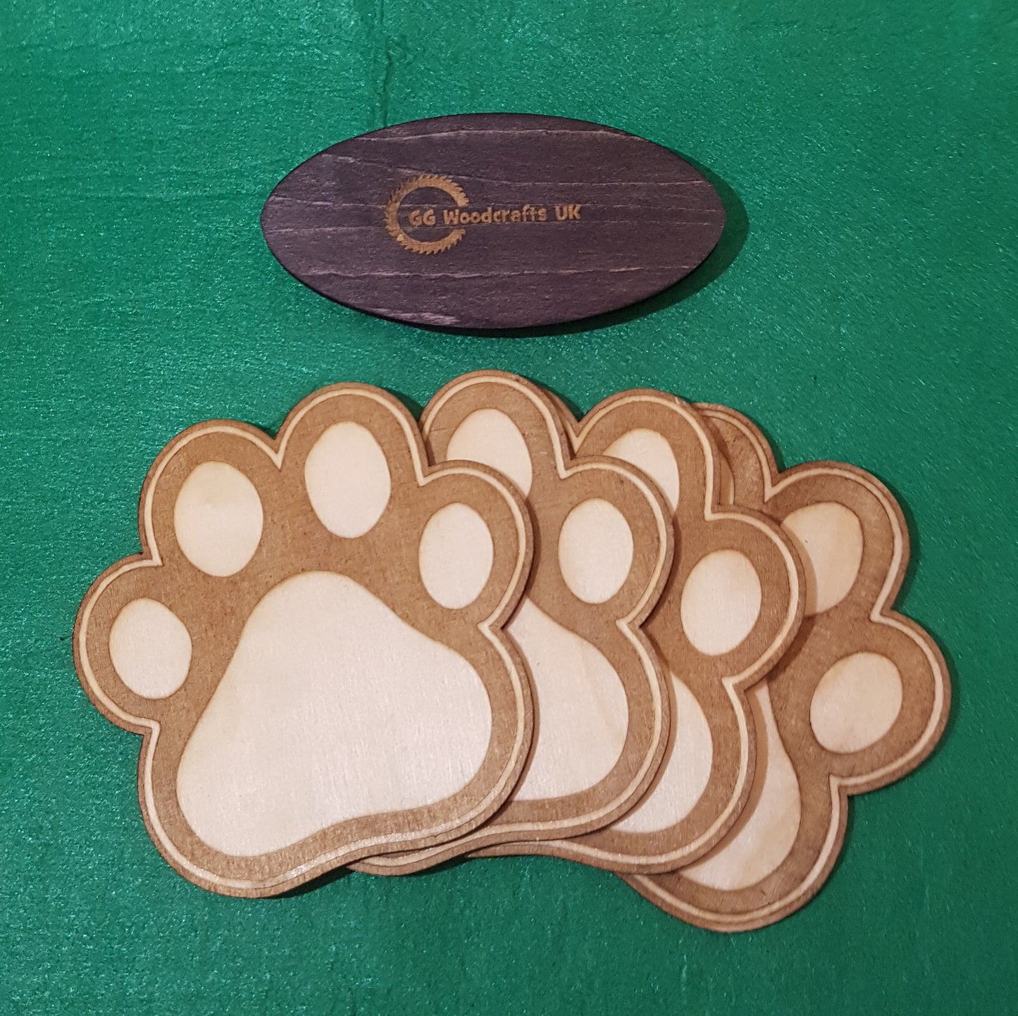 Set of Four Wooden Paw Print Coasters with stand