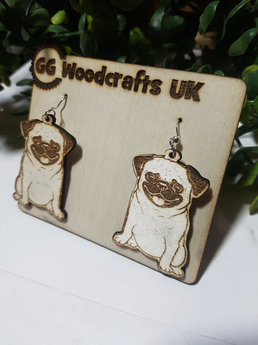 Wooden Pug Earrings