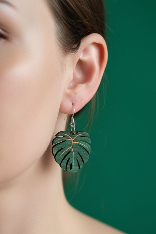 Green Wooden Earrings, Swiss Cheese Plant Design