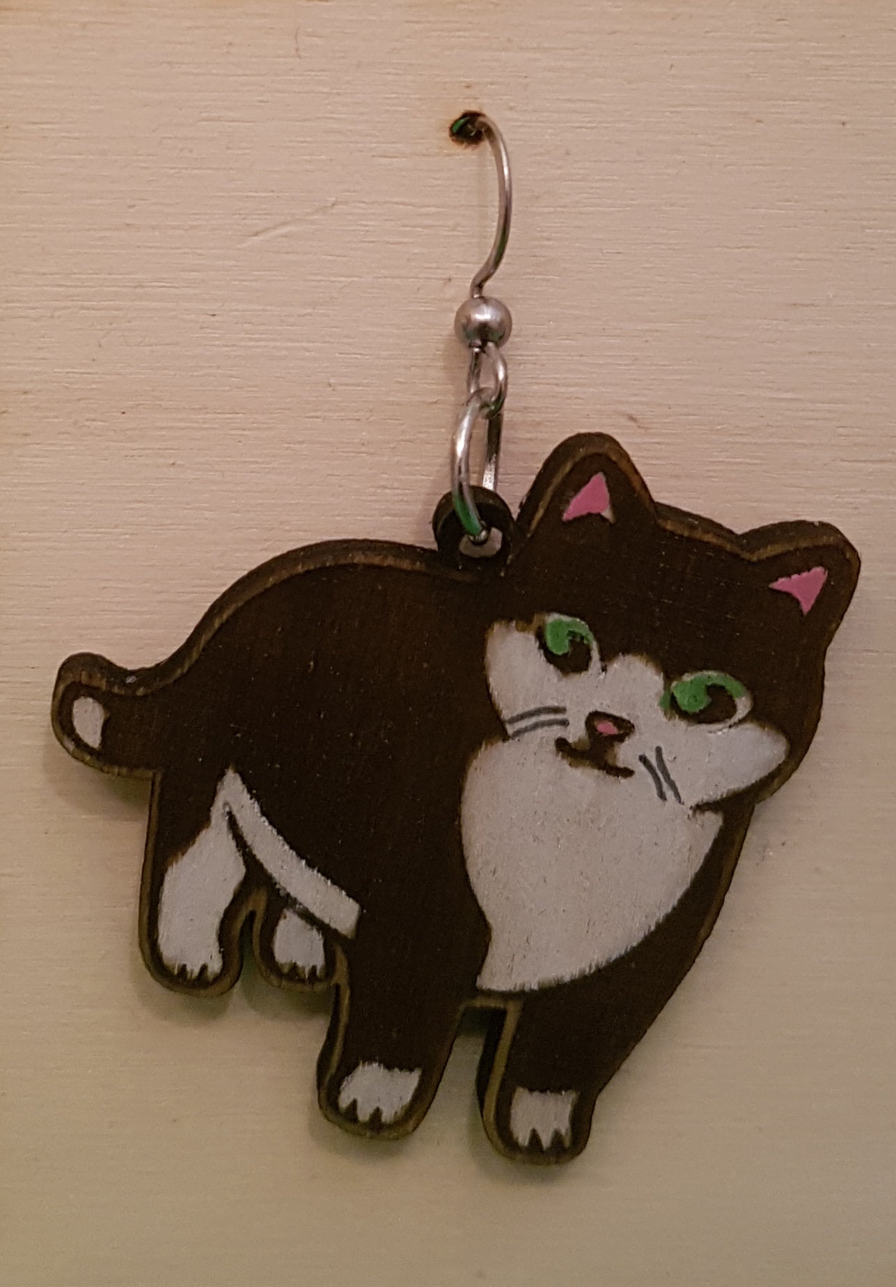 Wooden Black and White Cat Earrings