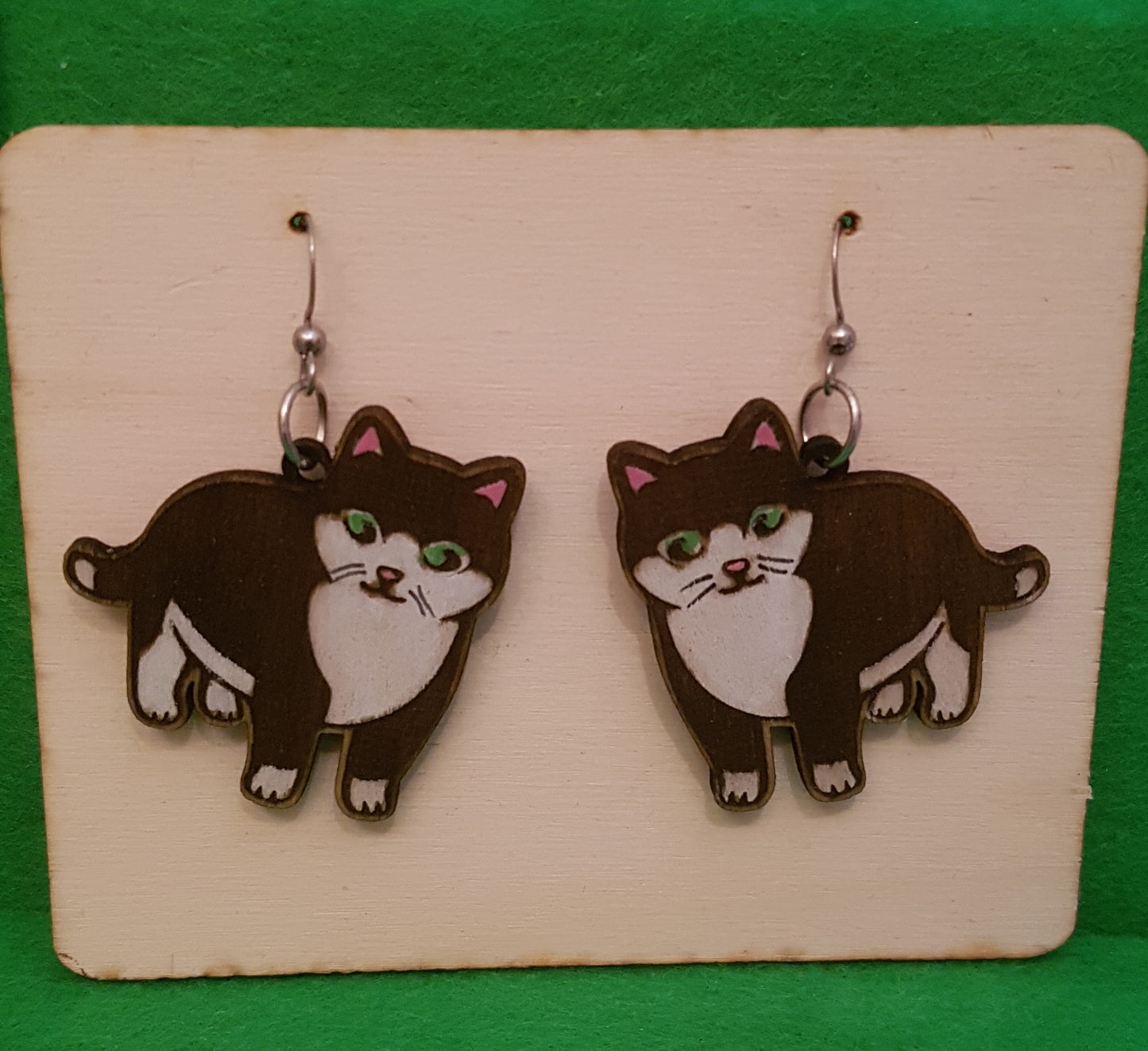 Wooden Black and White Cat Earrings