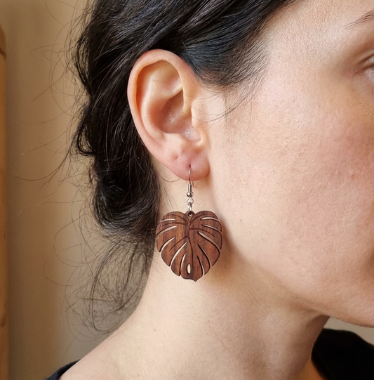 Walnut Wooden Earrings, Swiss Cheese Plant Design