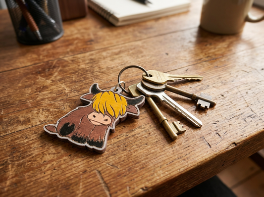 Wooden Highland Cattle Keyring