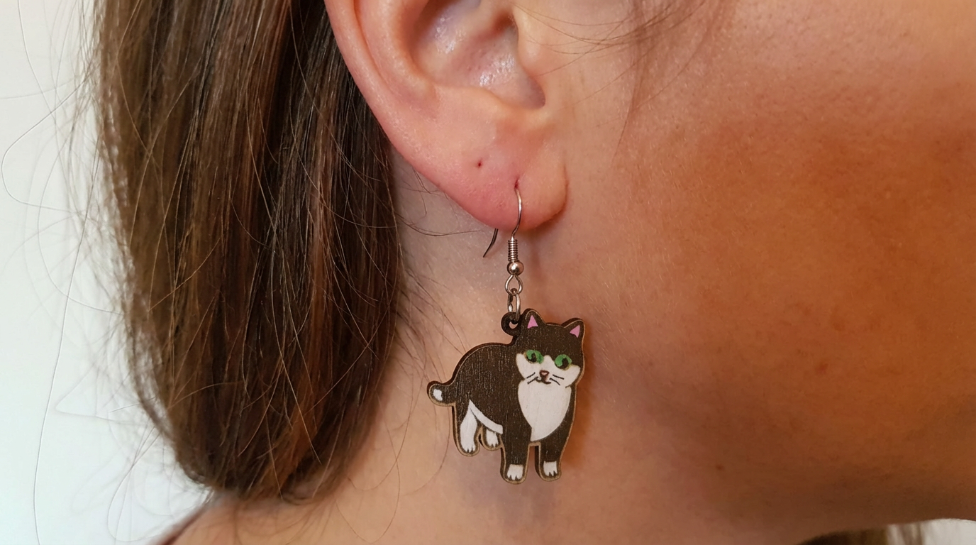 Wooden Black and White Cat Earrings