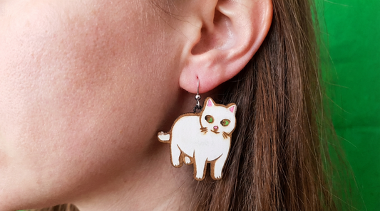 Wooden White Cat Earrings
