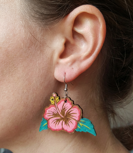 Wooden Tiki Flower Earrings Pink