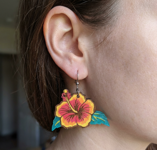 Wooden Tiki Flower Earrings Yellow