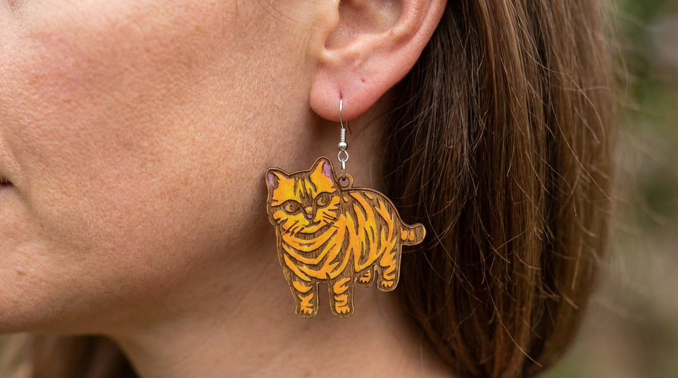 Wooden Ginger Cat Earrings