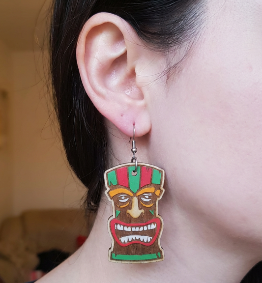 Tiki Head Wooden Earrings