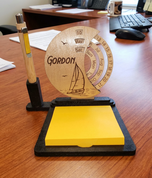 Personalised Wooden Perpetual Calendar With Pen and Post It holder