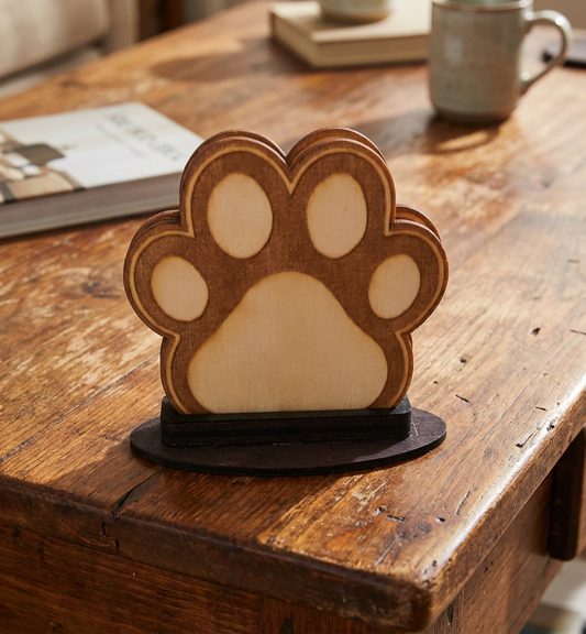 Set of Four Wooden Paw Print Coasters with stand