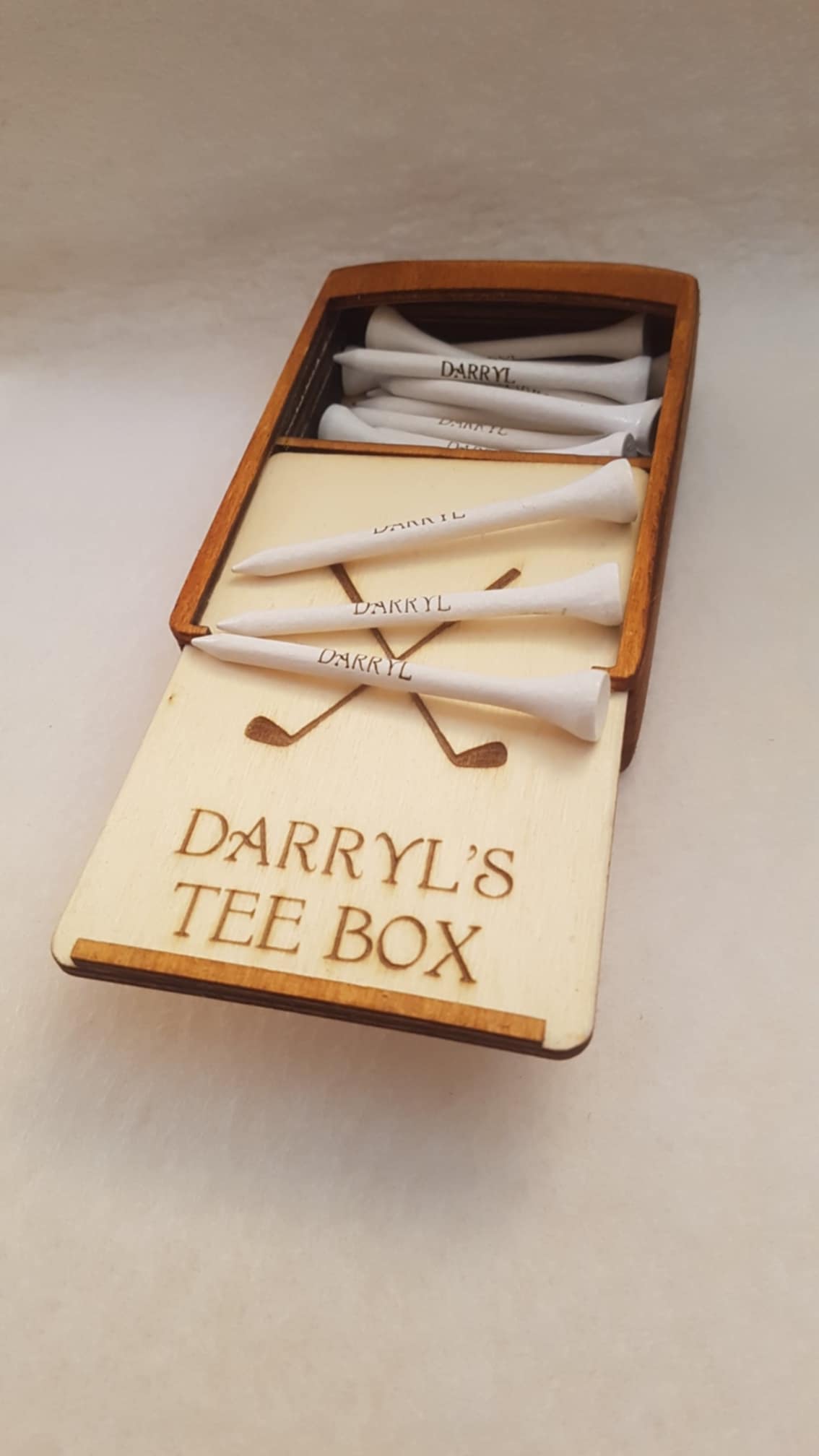 Personalised Wooden Golf Tee Box with 30 Personalised Tees