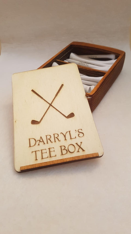 Personalised Wooden Golf Tee Box with 30 Personalised Tees