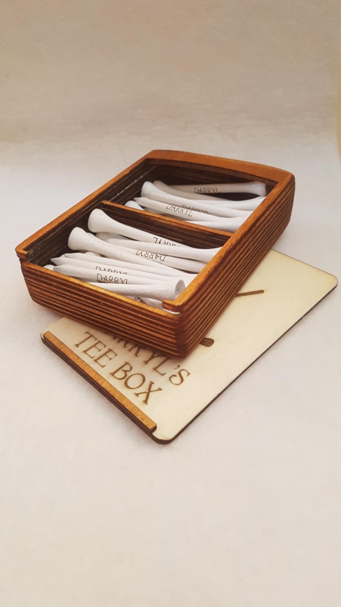 Personalised Wooden Golf Tee Box with 30 Personalised Tees