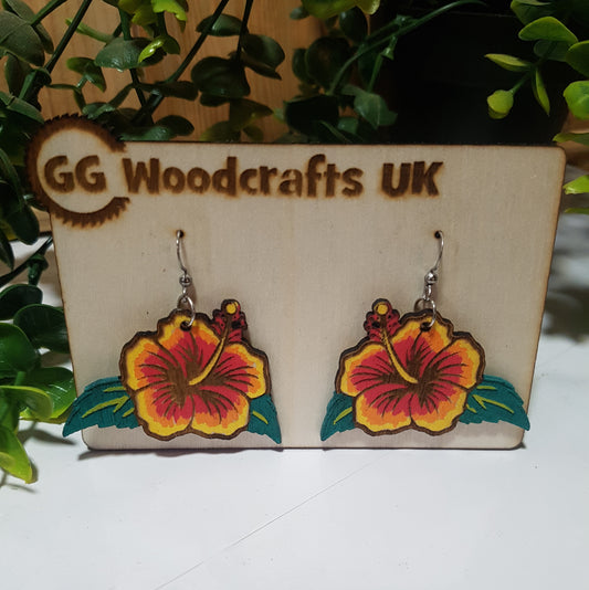 Wooden Tiki Flower Earrings Yellow