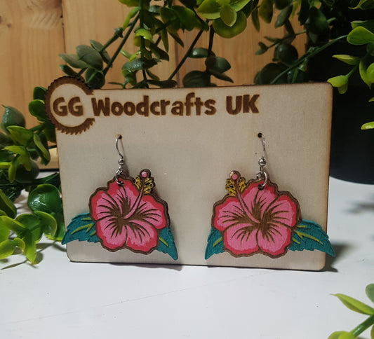 Wooden Tiki Flower Earrings Pink