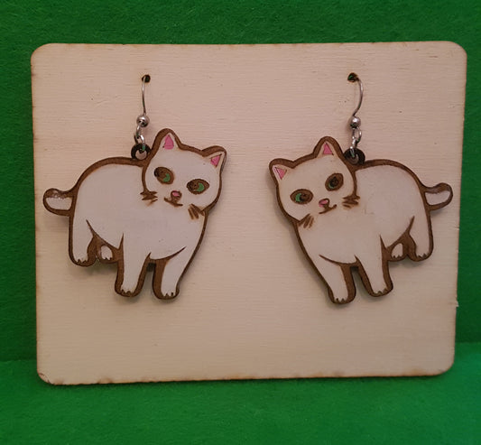 Wooden White Cat Earrings