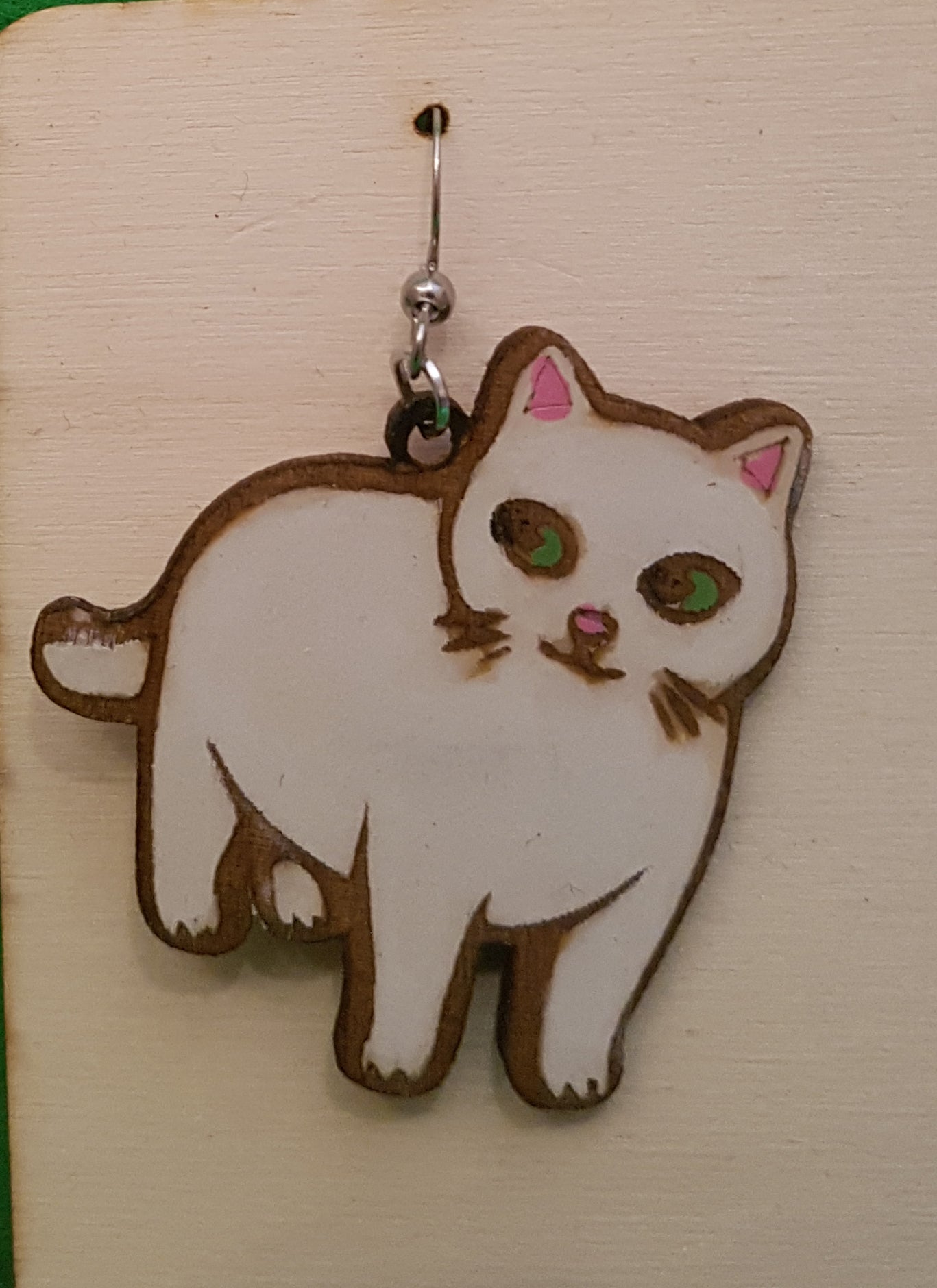 Wooden White Cat Earrings